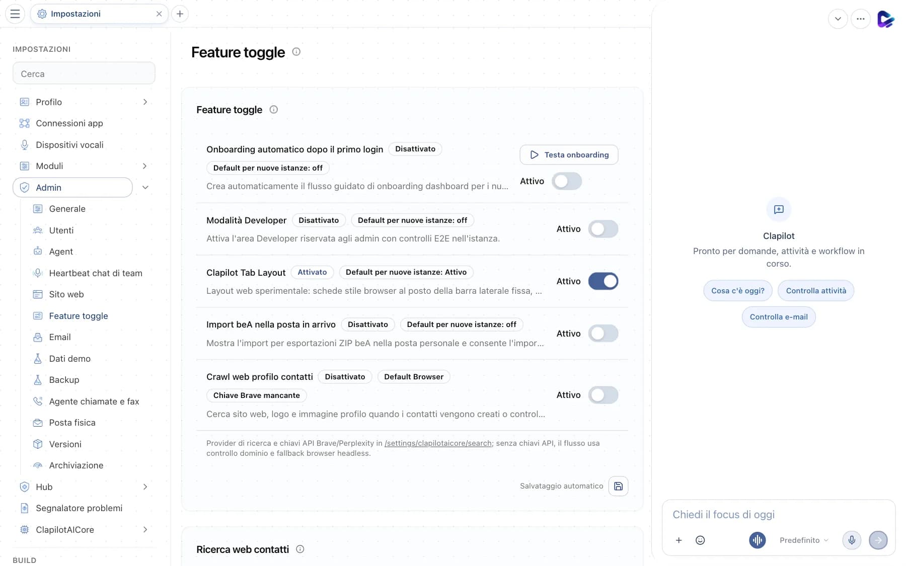 Feature toggle con onboarding, modalità Developer, Tab Layout, import beA e crawl web profilo