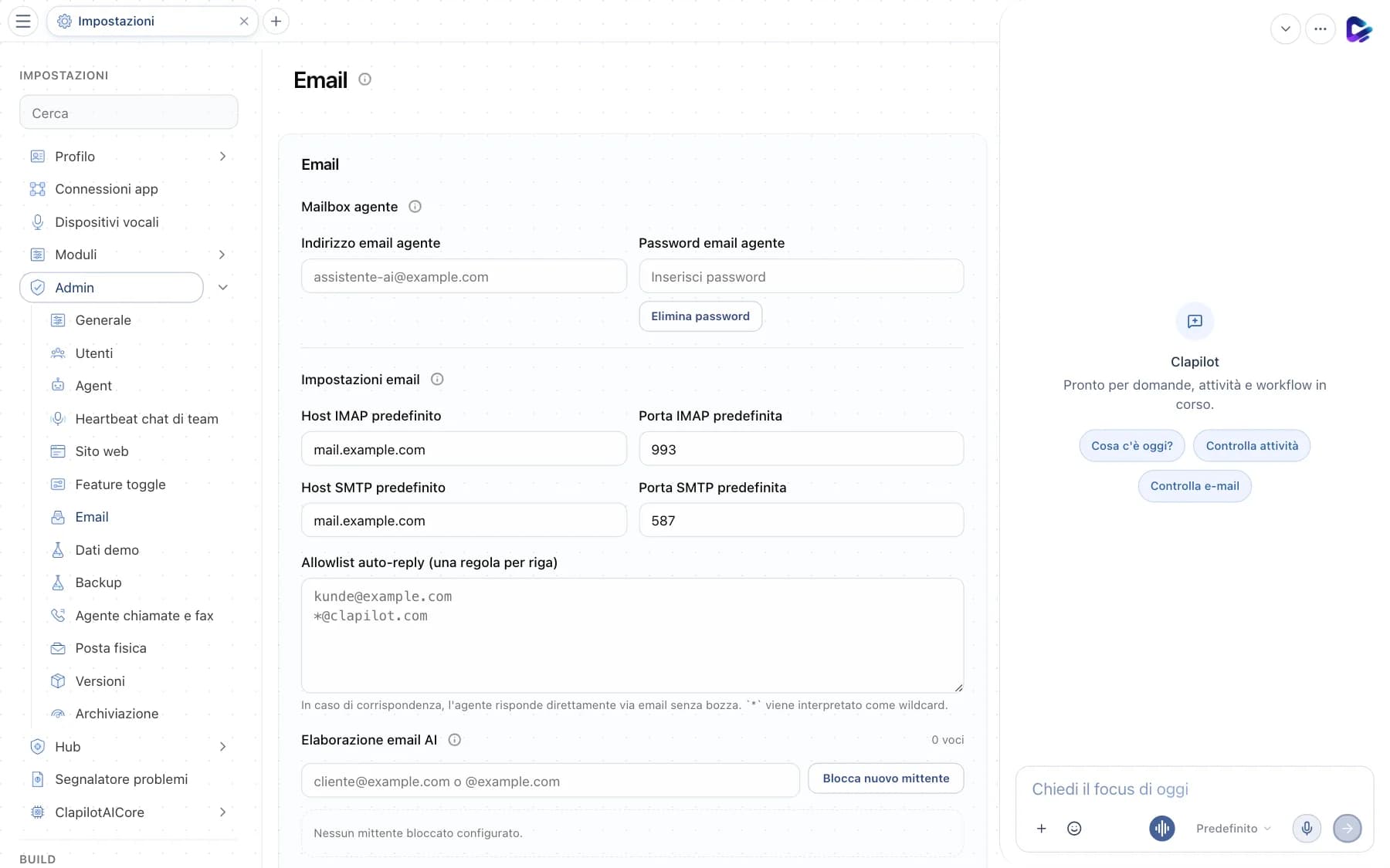 Impostazioni email con mailbox dell'agente e server di posta predefiniti