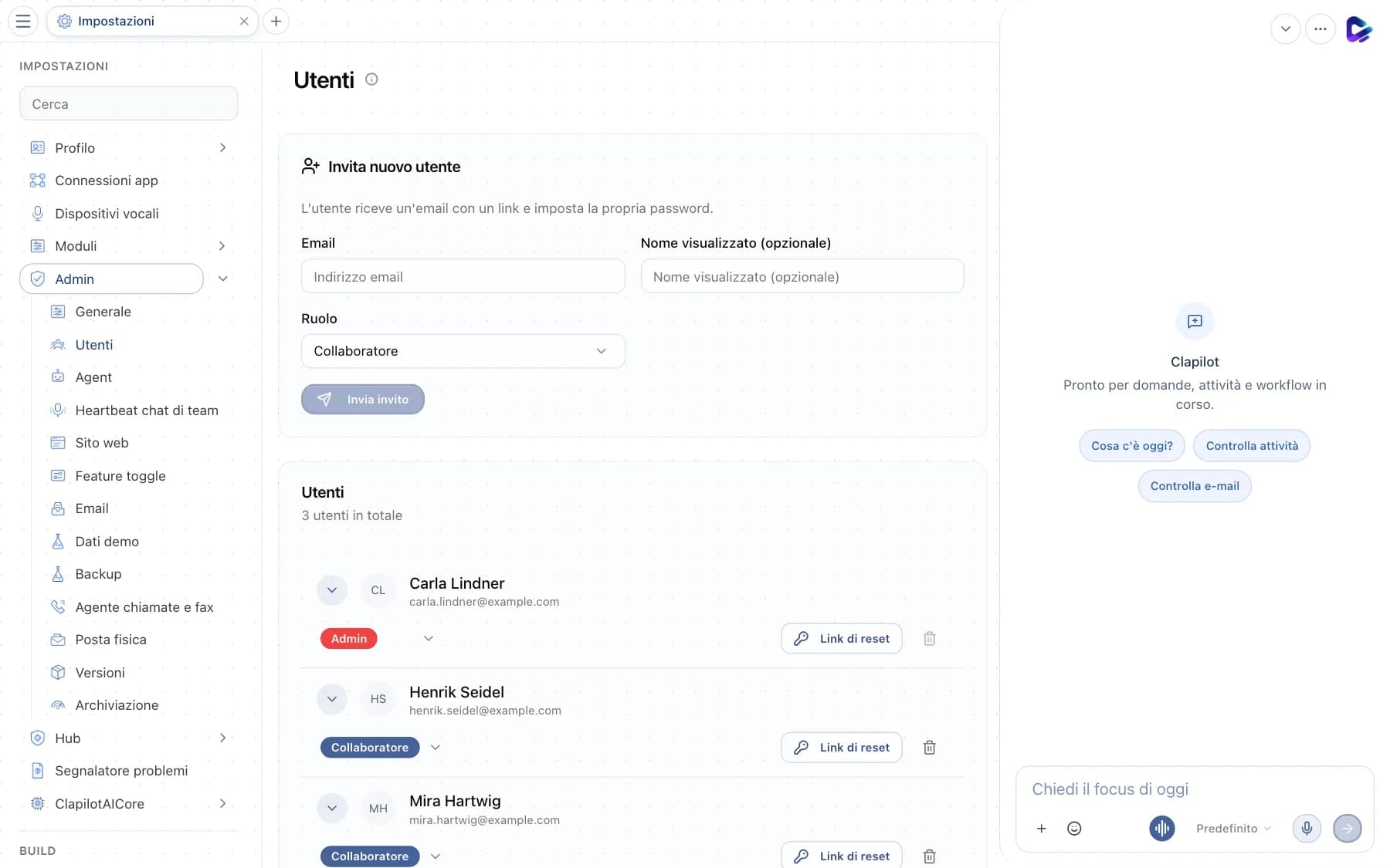 Gestione utenti con modulo di invito ed elenco degli utenti