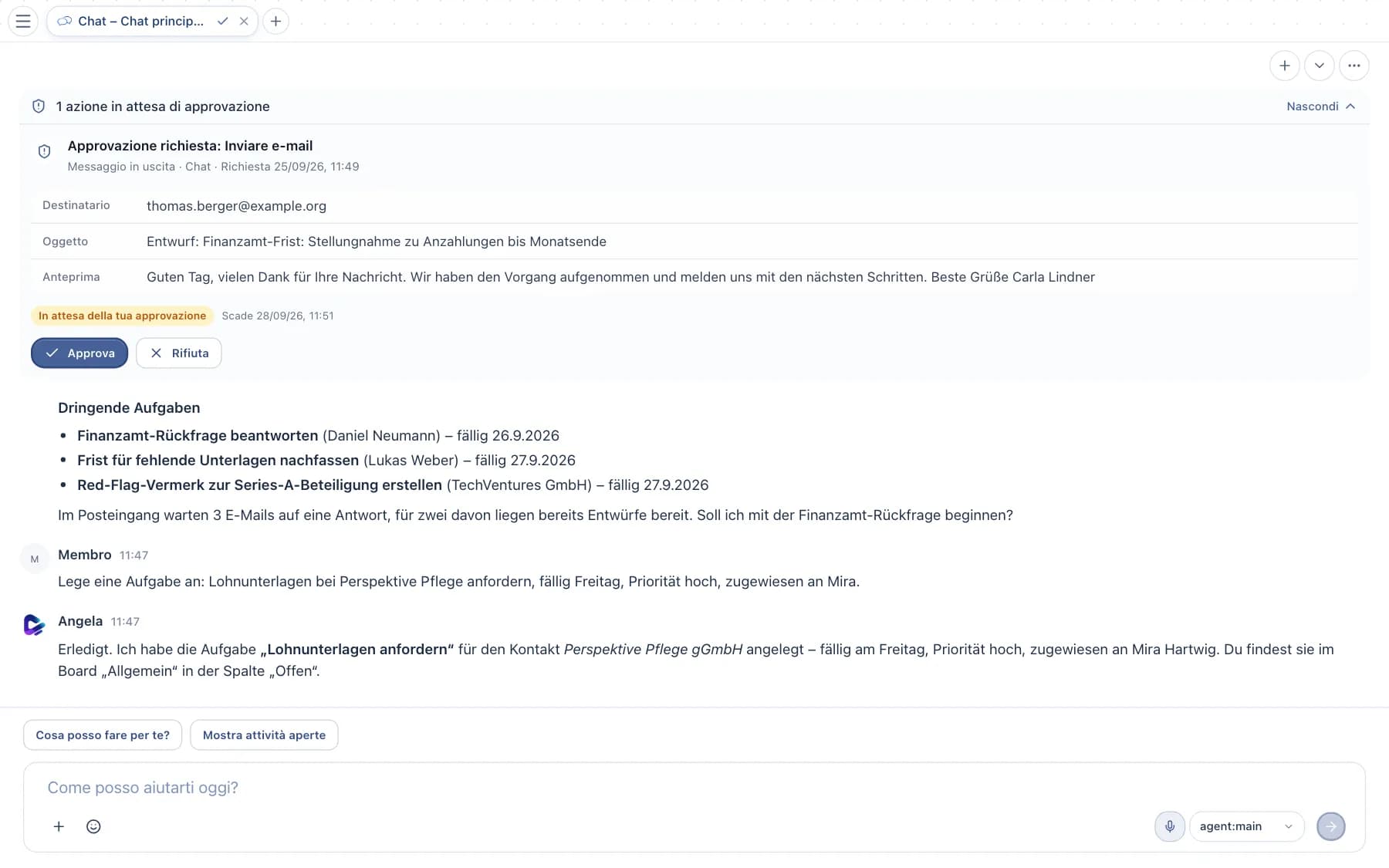 Scheda di approvazione per l'invio di un'email con destinatario, oggetto e anteprima