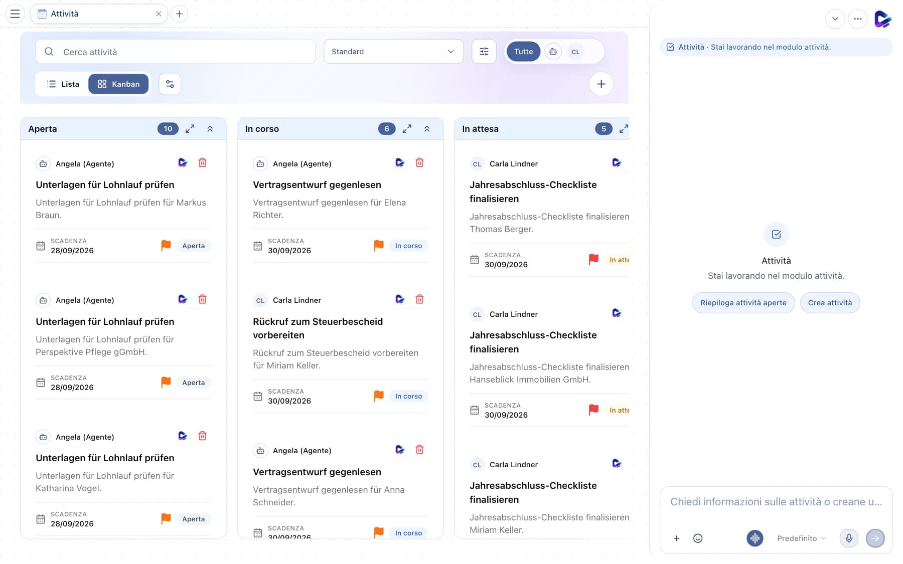 Dock della chat nella board delle attività con indicazione del contesto e suggerimenti