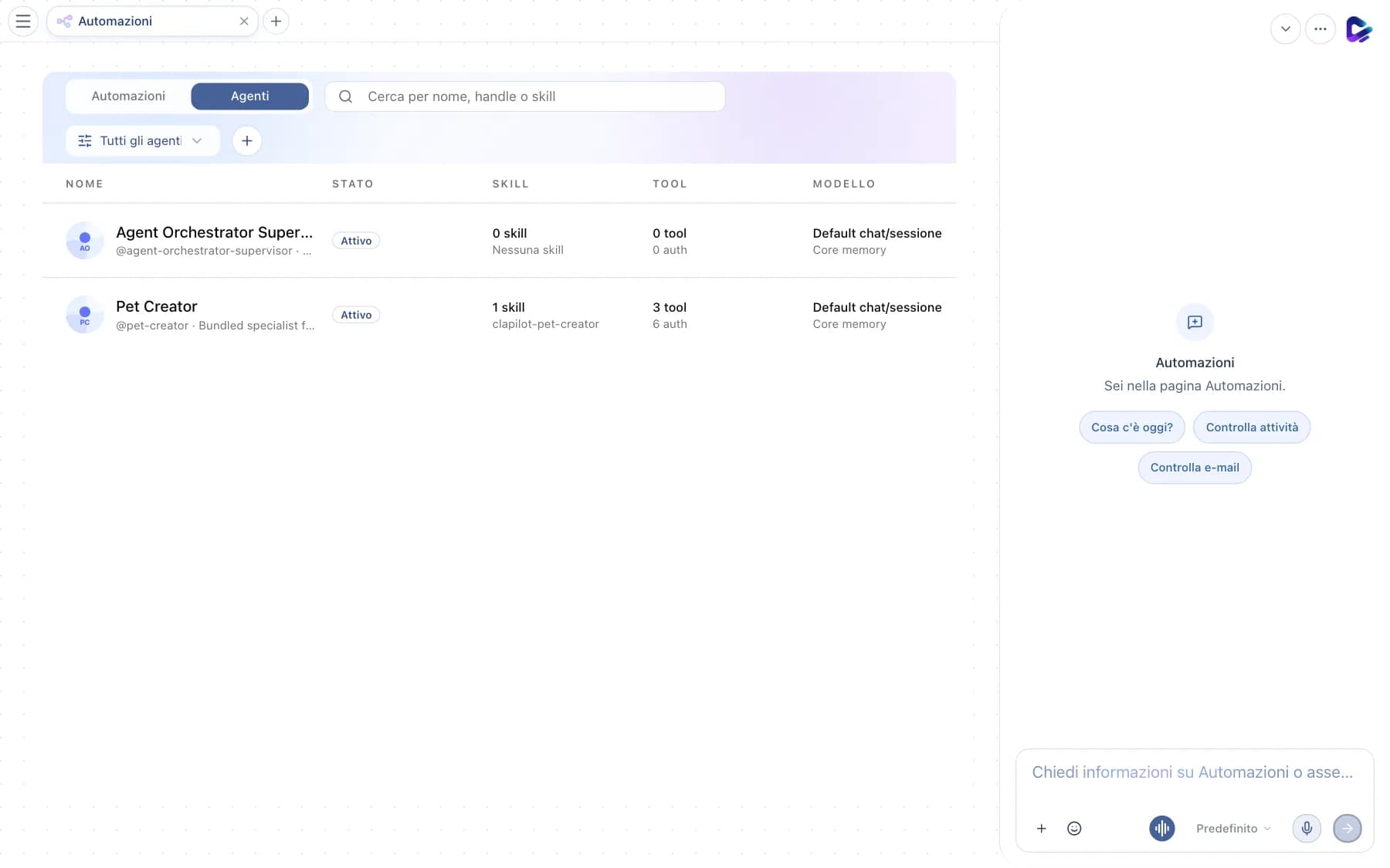 Scheda Agenti con elenco degli agenti specializzati, skill, tool e modello