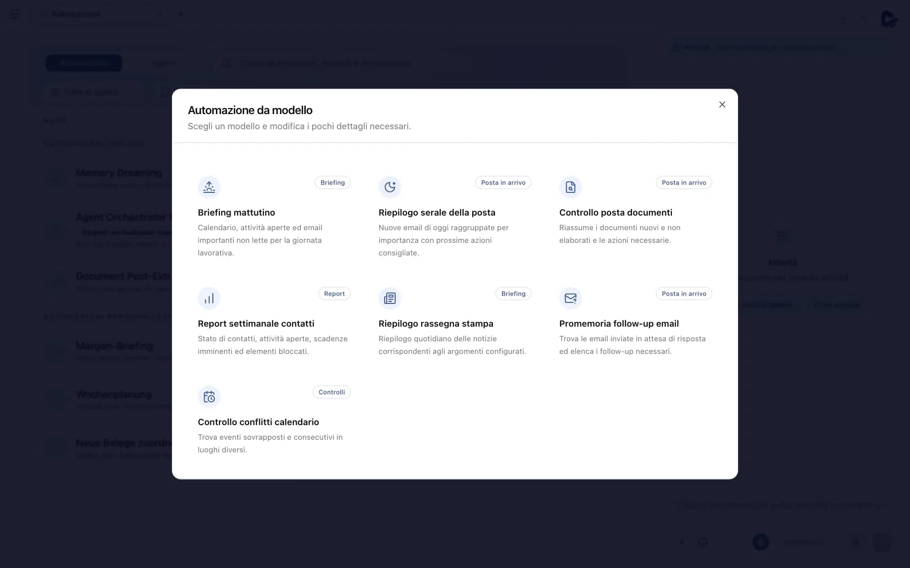 Finestra Automazione da modello con le categorie Briefing, Posta in arrivo, Report e Controlli