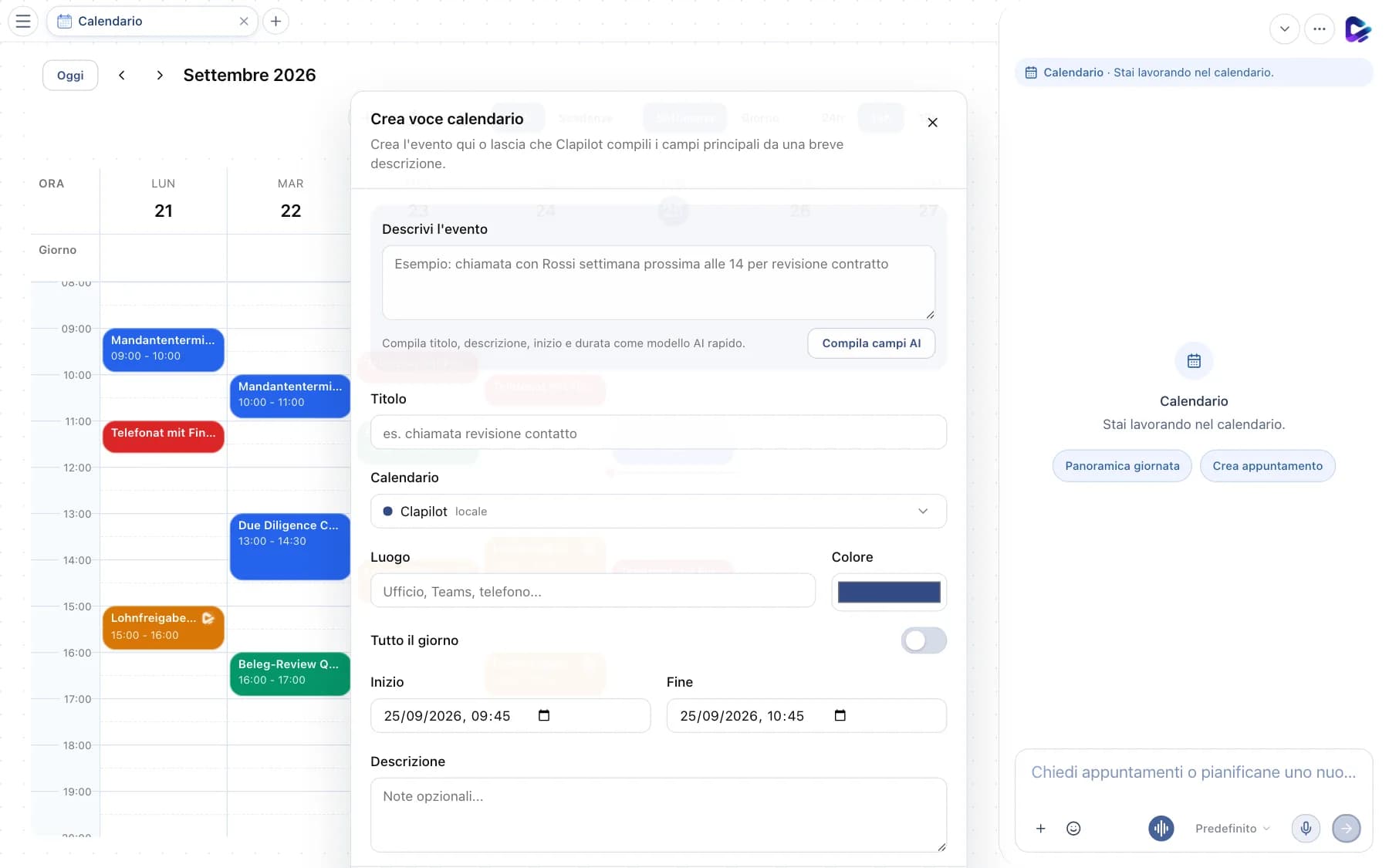 Modulo Crea voce calendario con descrizione AI e campi