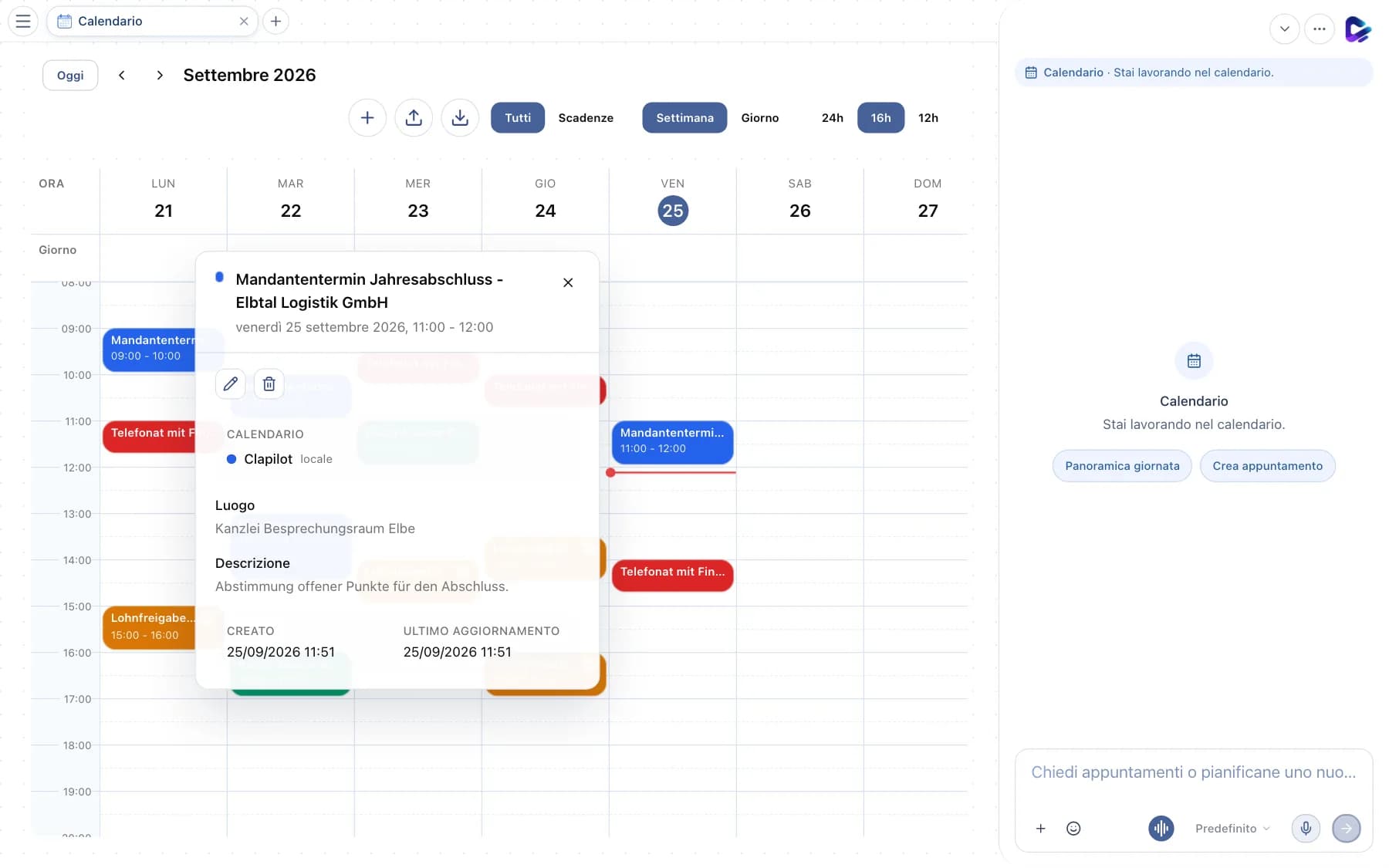 Dettagli dell'evento aperti con calendario, luogo e descrizione
