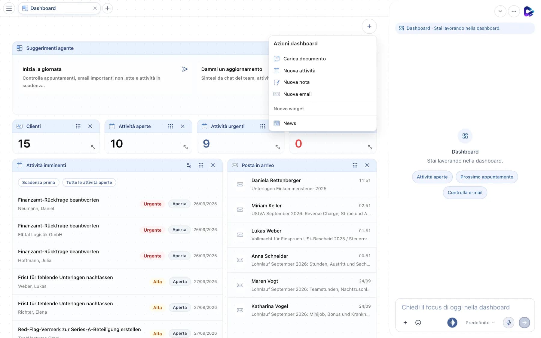 Menu Azioni dashboard con azioni rapide e nuovi widget