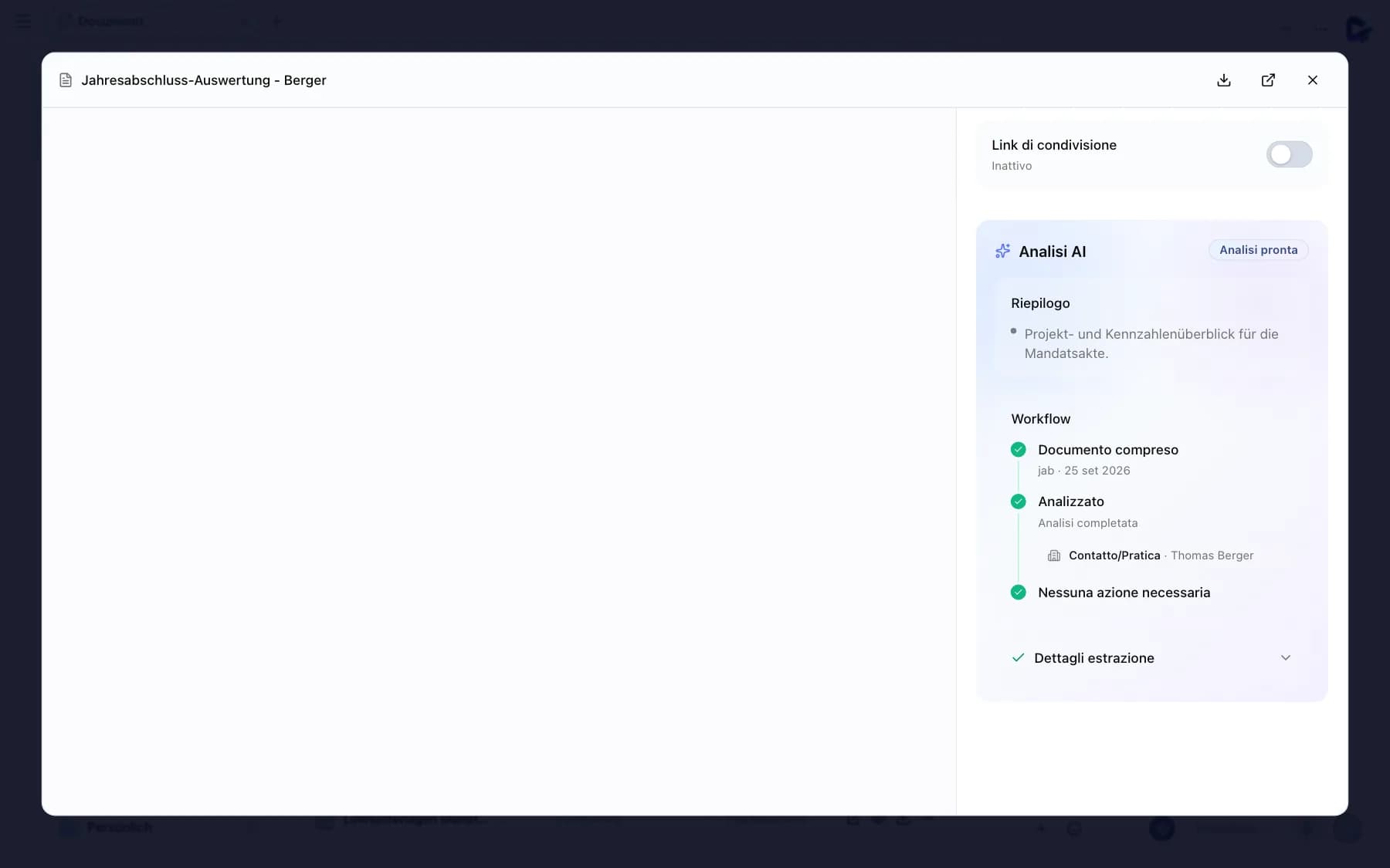 Anteprima del documento con vista PDF, link di condivisione e analisi AI