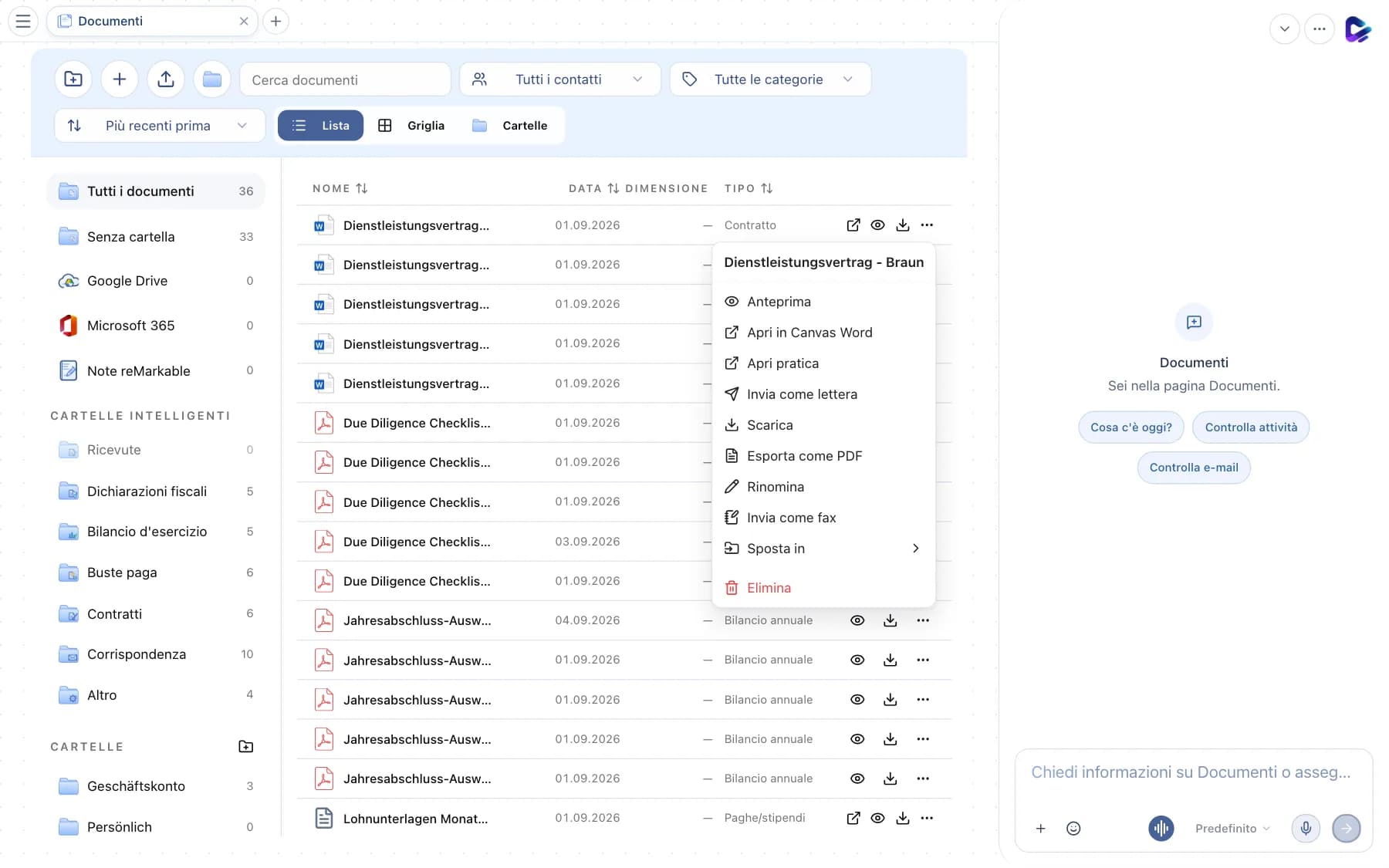 Menu azioni di un file con anteprima, modifica, invio e spostamento