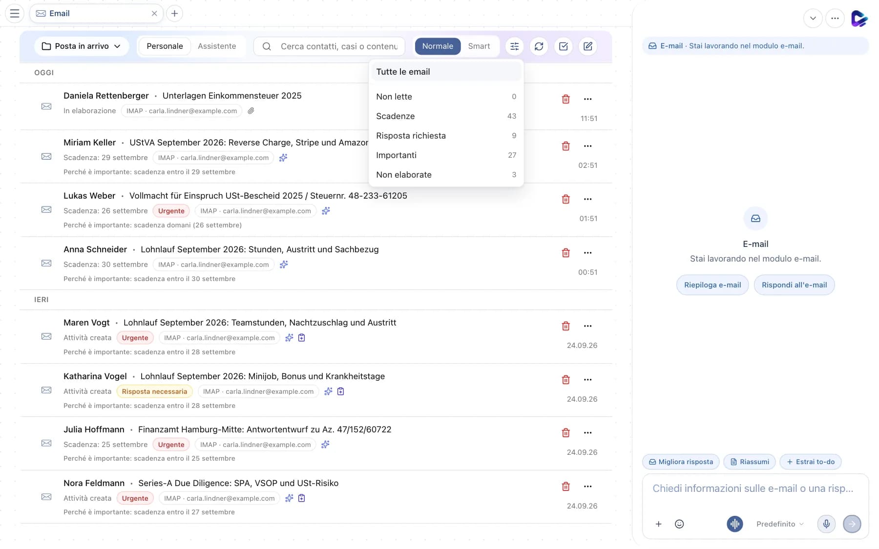 Menu dei filtri aperto con il numero di email per filtro