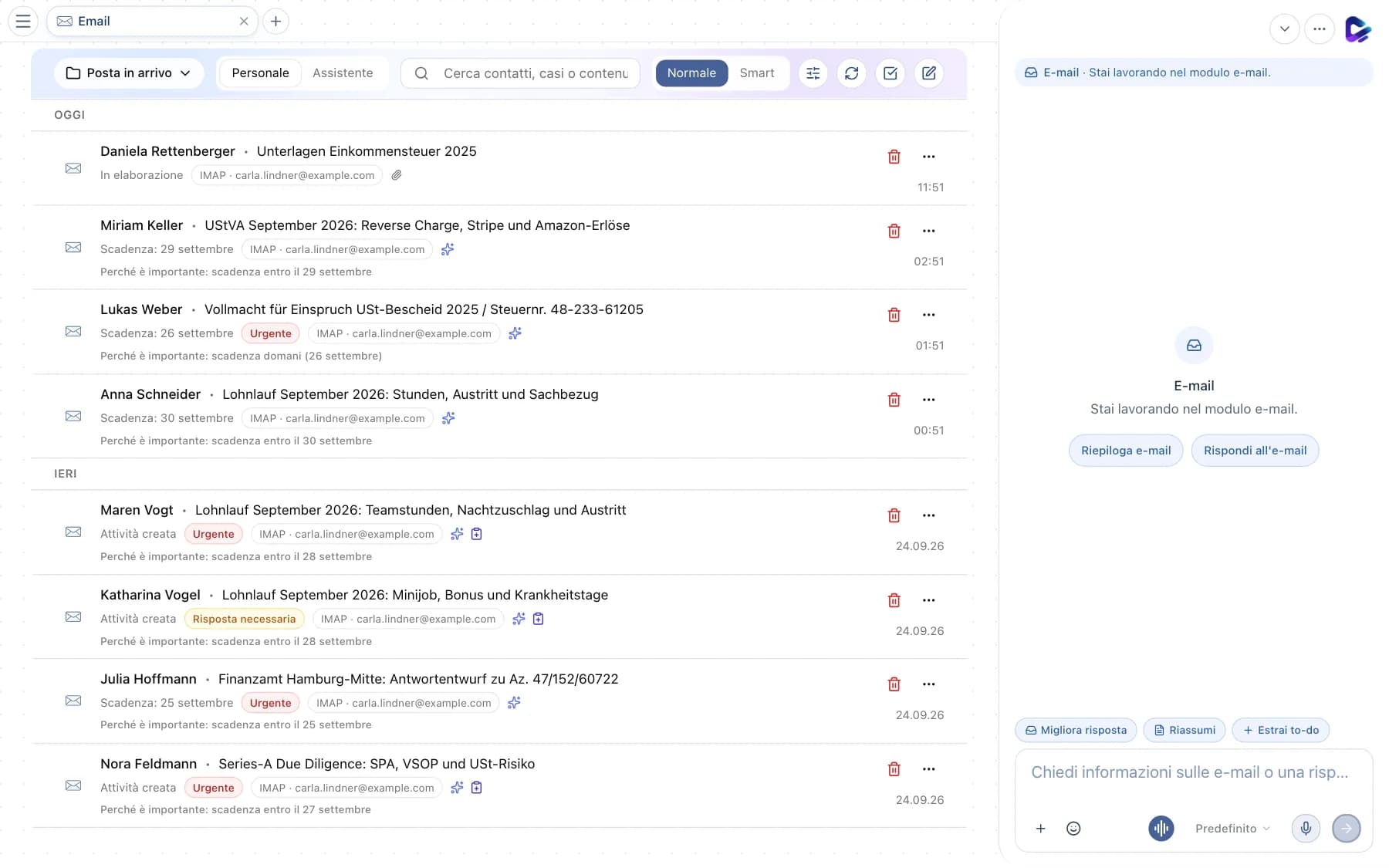 Posta in arrivo nella vista Normale con barra degli strumenti ed elenco delle email