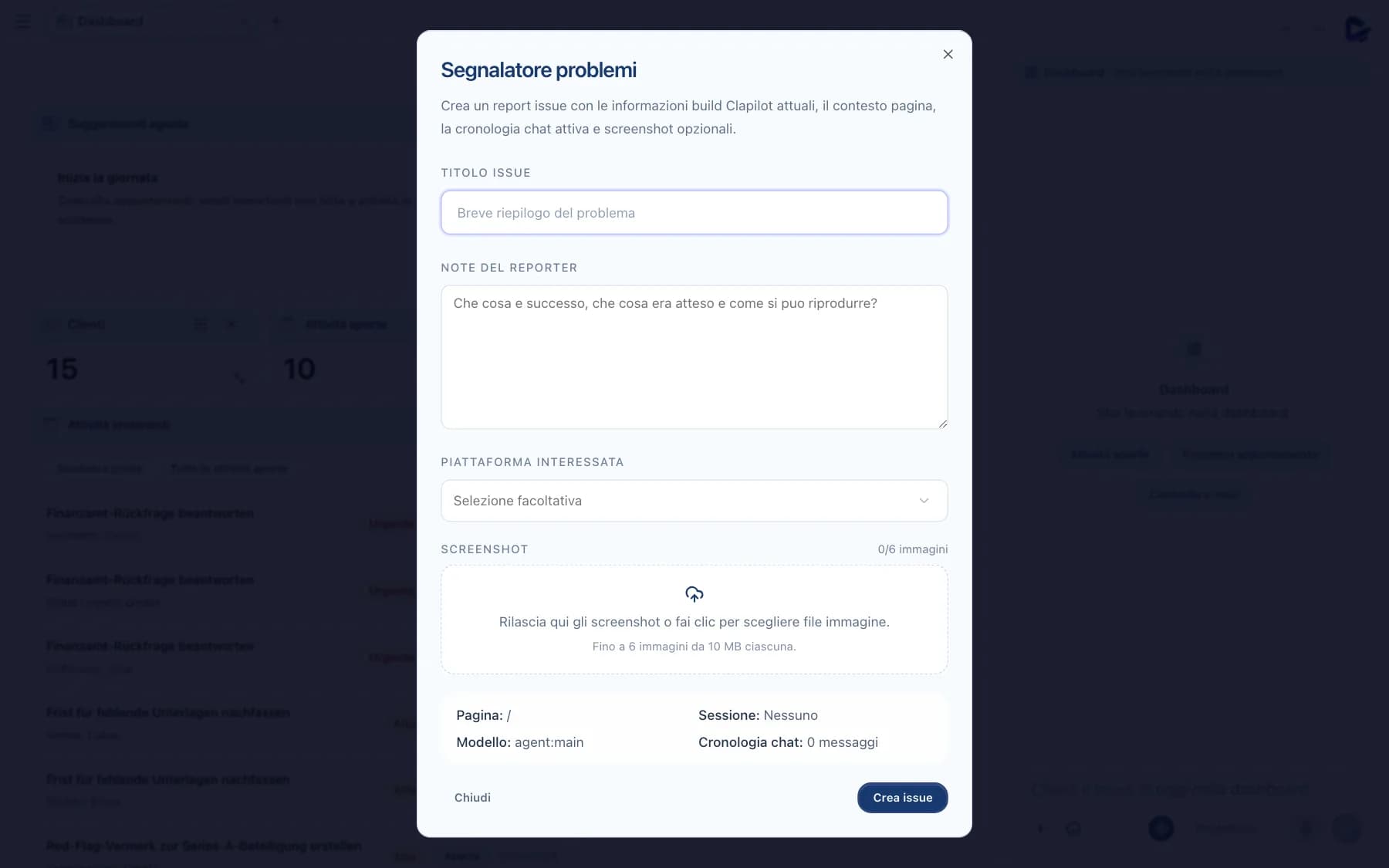 Finestra Segnalatore problemi con titolo, note, piattaforma e screenshot