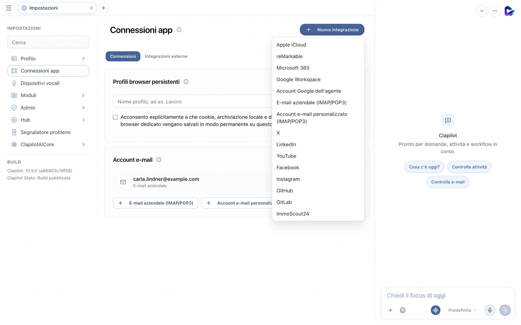 Connessioni app con il menu Nuova integrazione aperto