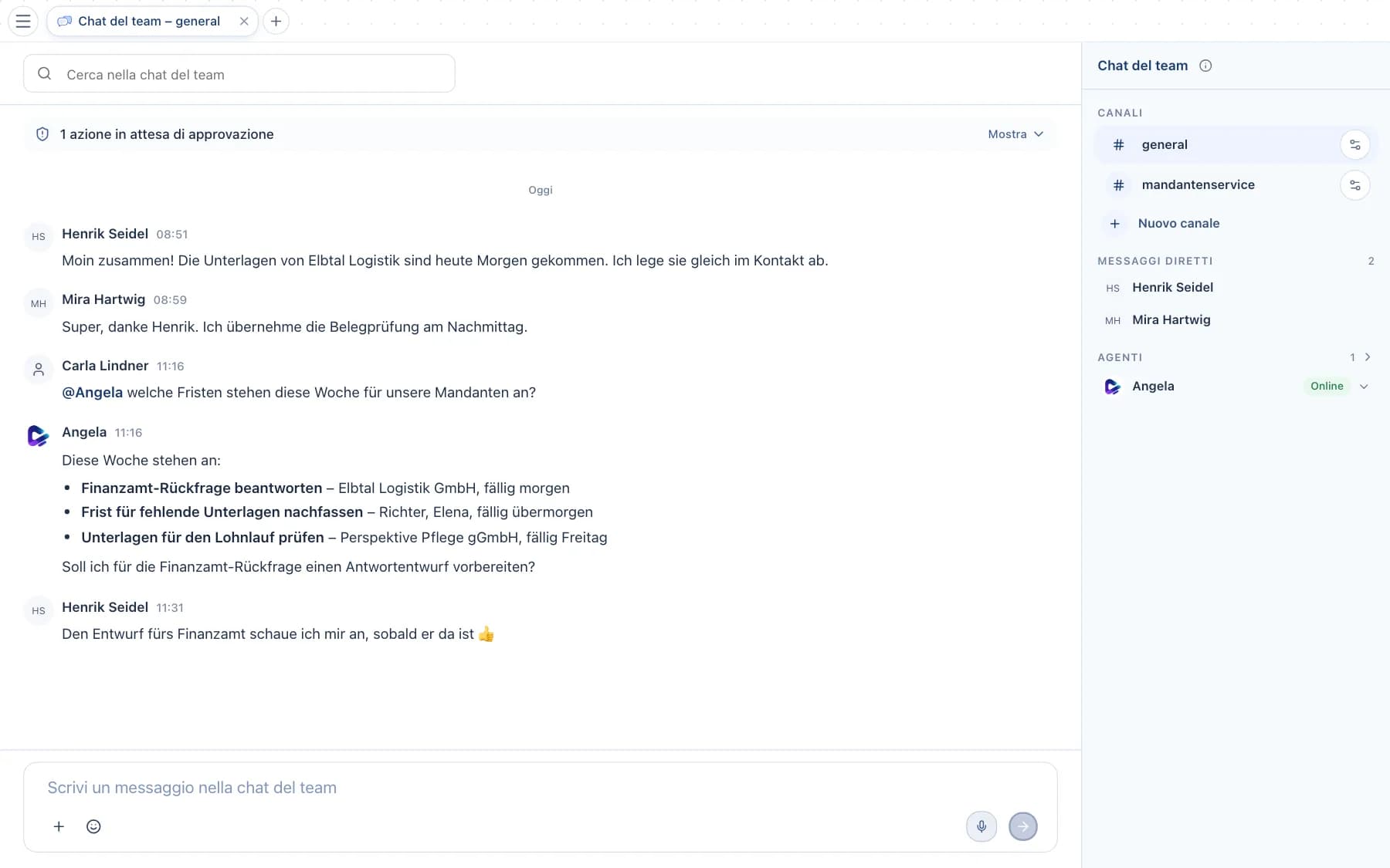 Chat del team con cronologia dei messaggi, risposta dell'agente ed elenco dei canali