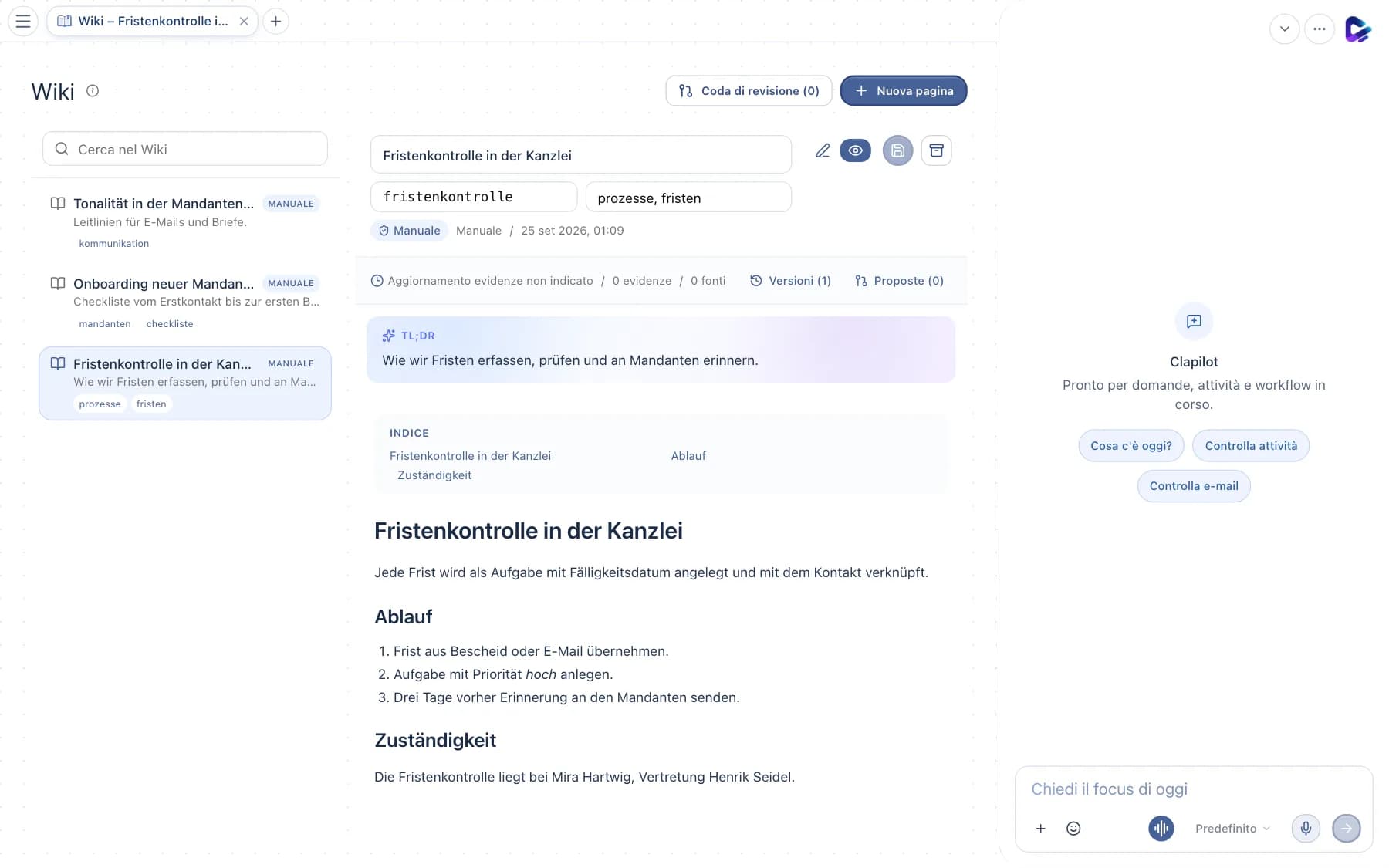Wiki con elenco delle pagine, ricerca e pagina aperta