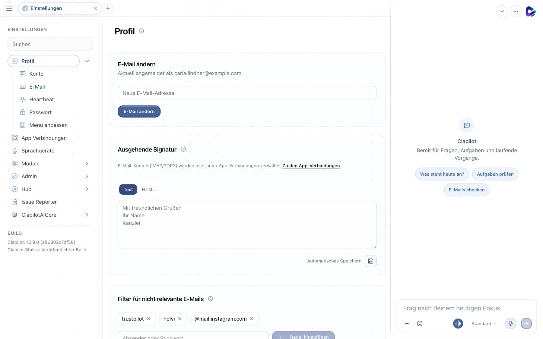 E-Mail-Einstellungen mit Login-E-Mail, Signatur und Filter