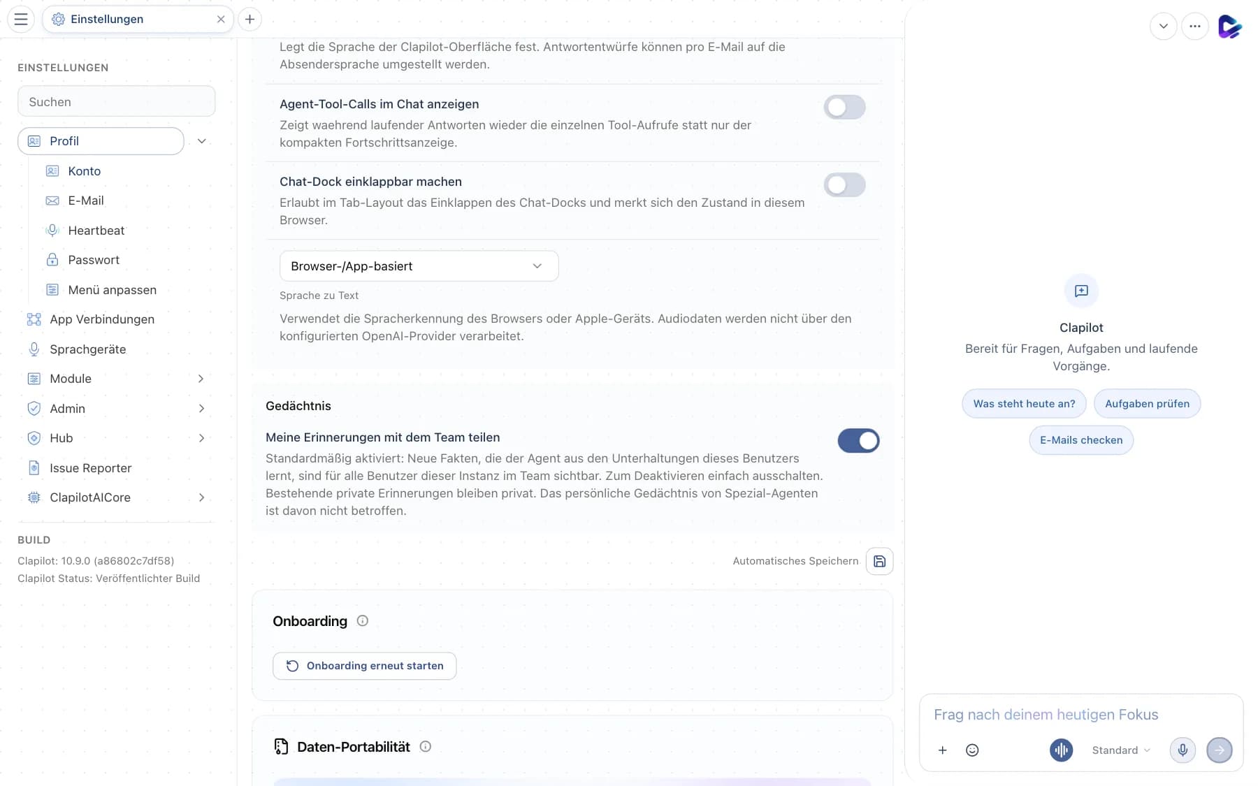 Kontoeinstellungen mit Sprache, Tool-Calls im Chat und einklappbarem Chat-Dock
