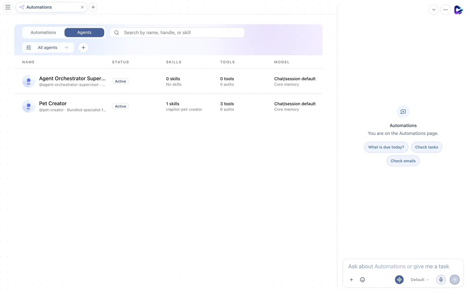 Agents tab with the list of specialized agents, skills, tools and model