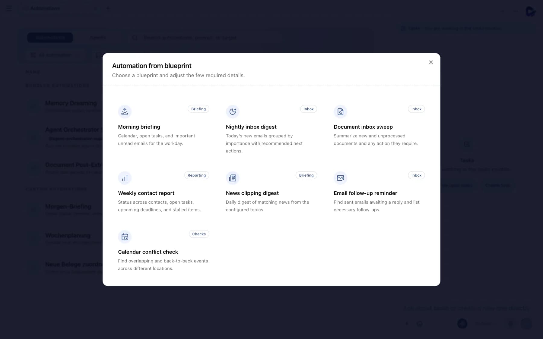 Automation from blueprint dialog with the categories Briefing, Inbox, Reporting and Checks