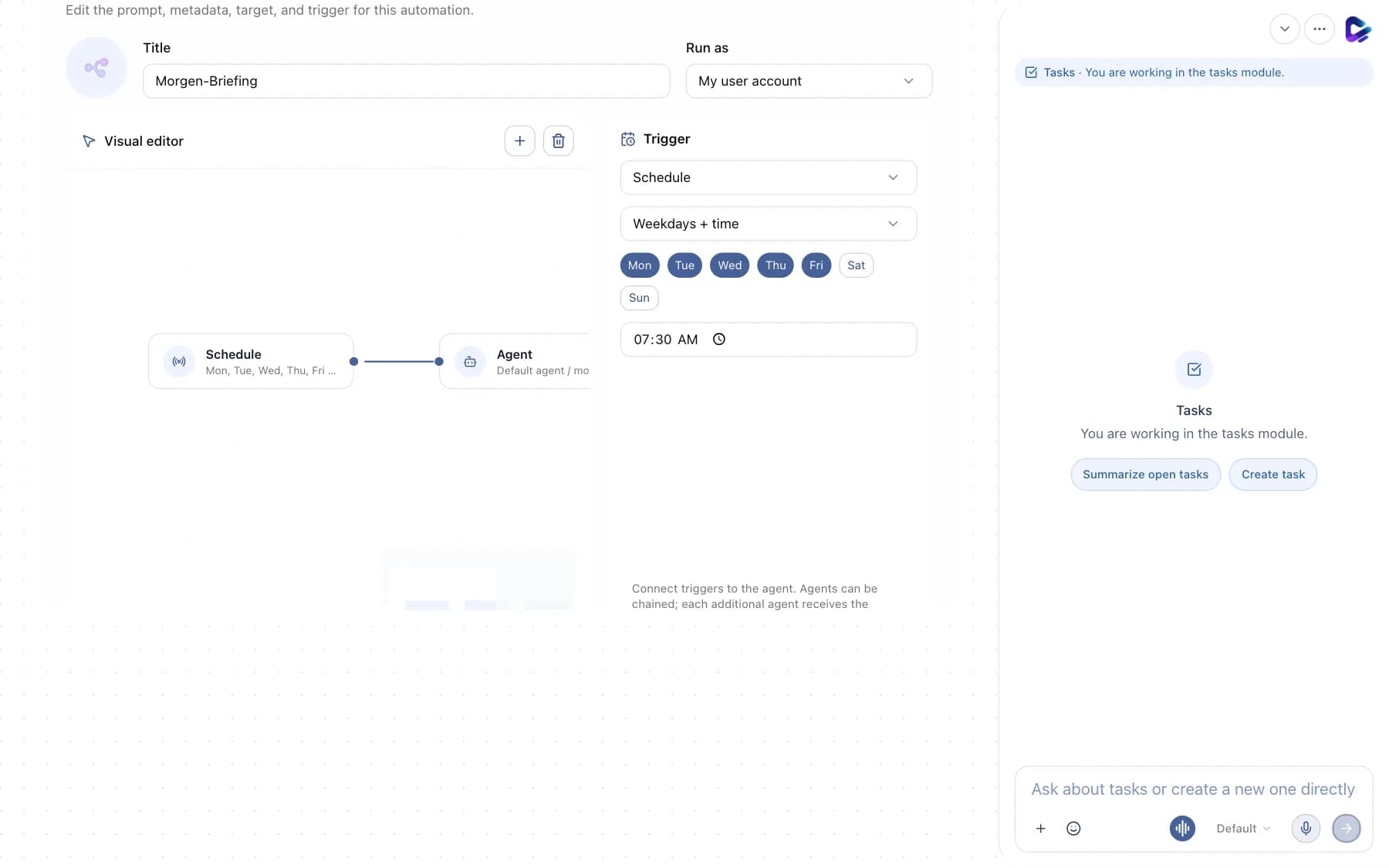 Automation editor with title, Run as, visual editor and trigger