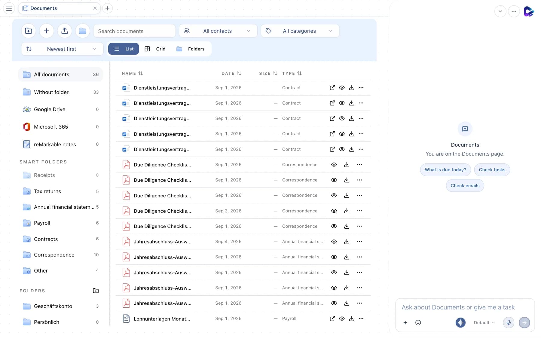 Document storage with toolbar, folders and file list