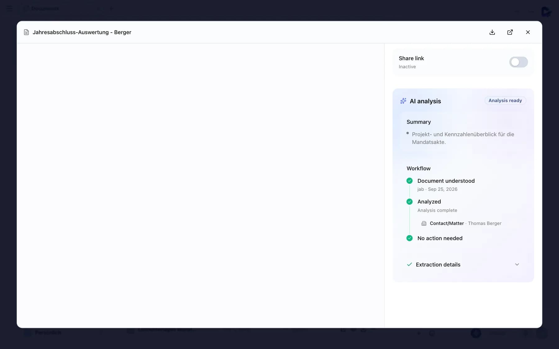 Document preview with PDF view, share link and AI analysis