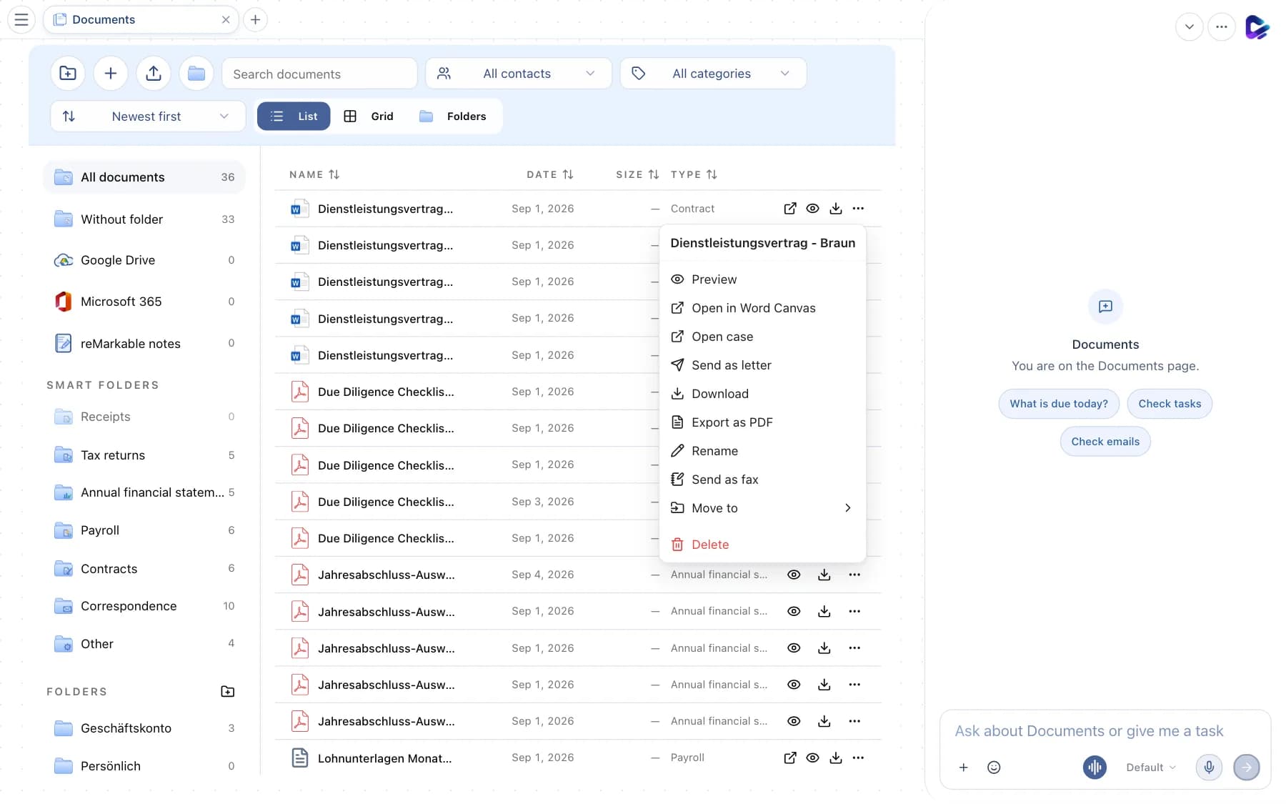 A file's action menu with preview, editing, sending and moving