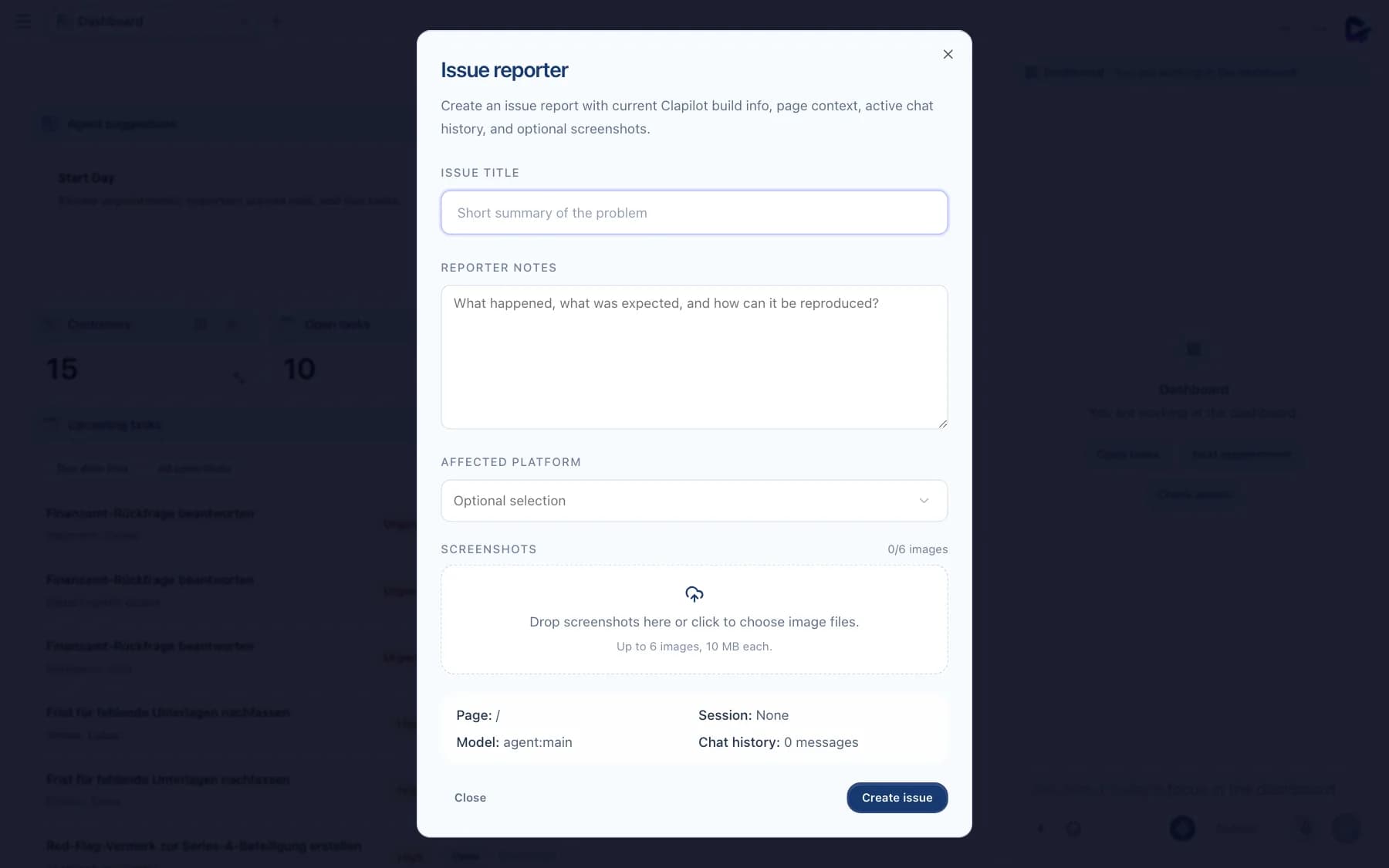 Issue Reporter dialog with title, notes, platform and screenshots