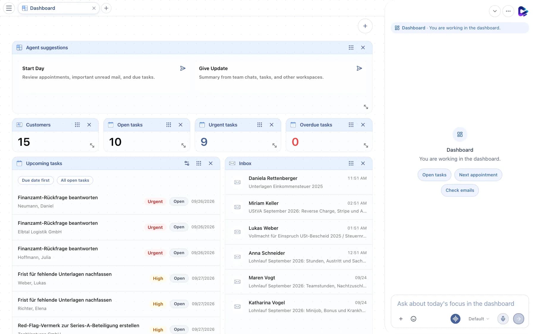 Clapilot interface with menu button, tab bar, dashboard and chat dock