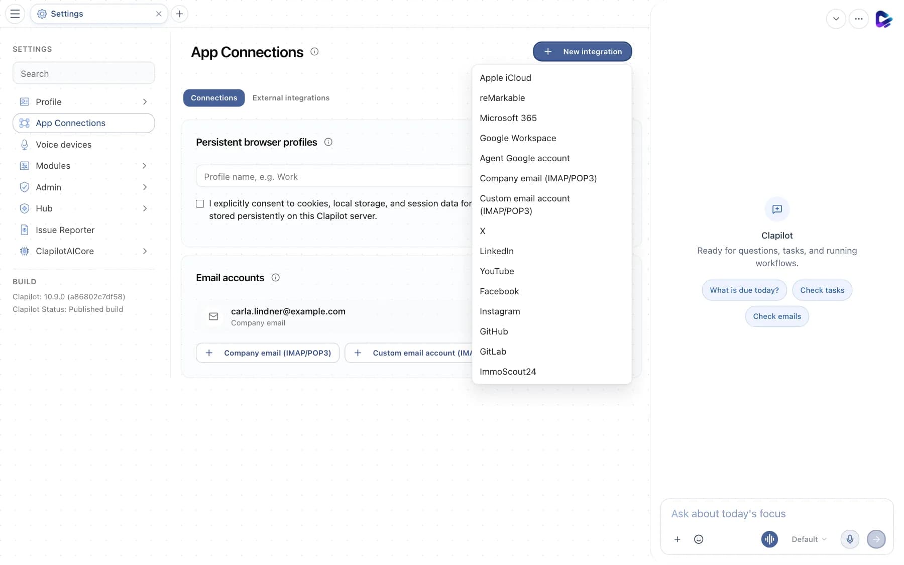 App Connections with the New integration menu open