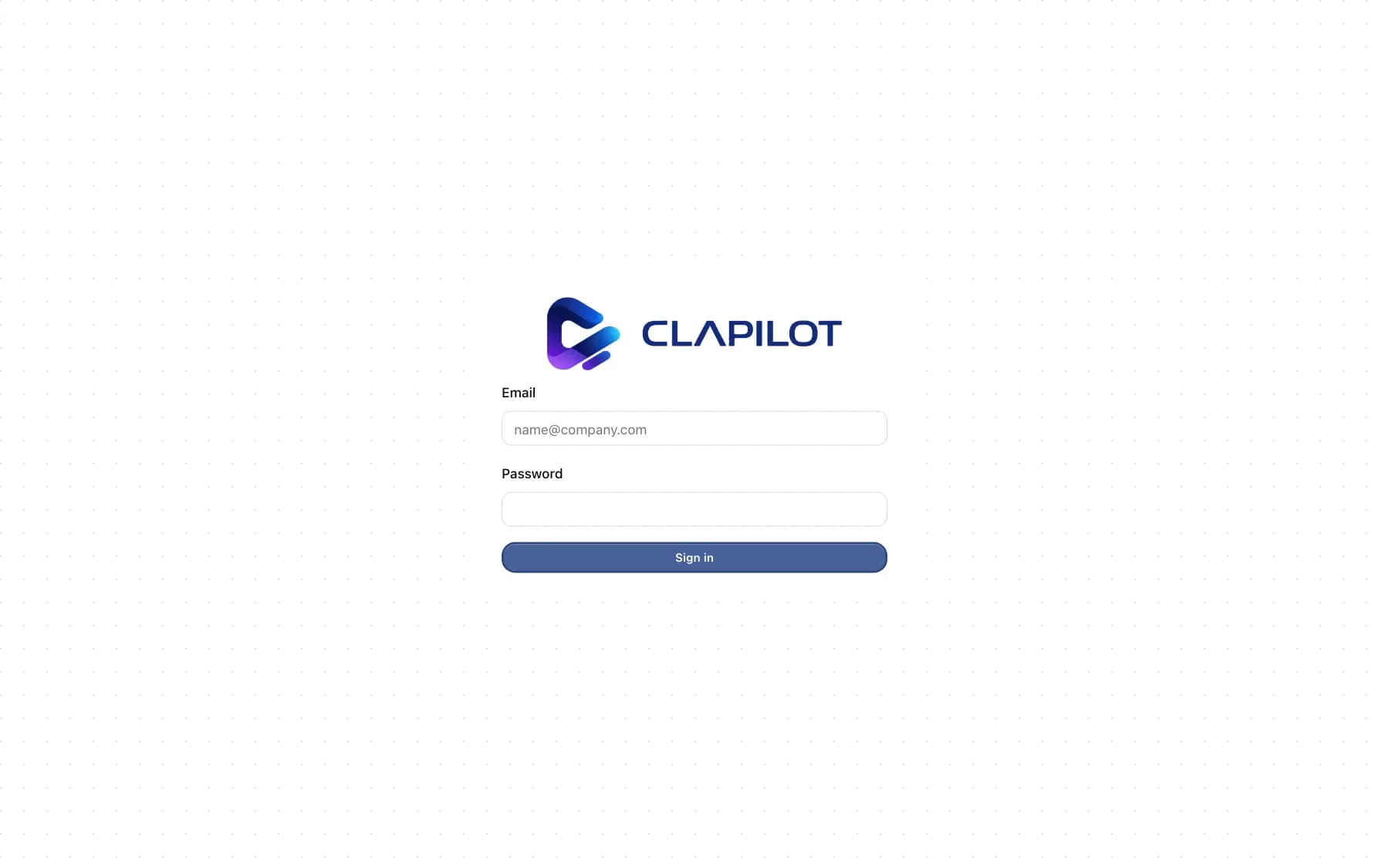 Clapilot sign-in page with Email, Password and Sign in