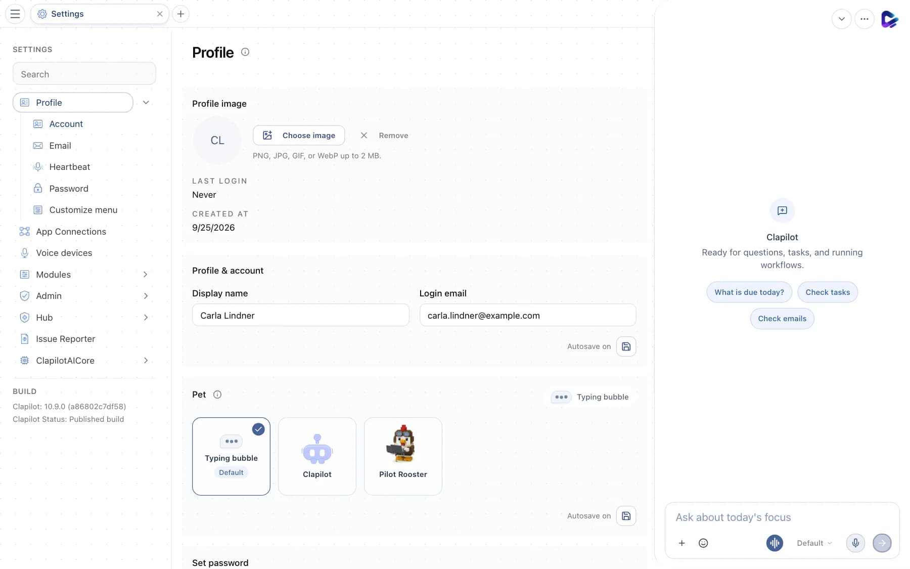 Profile page with profile image, display name and login email