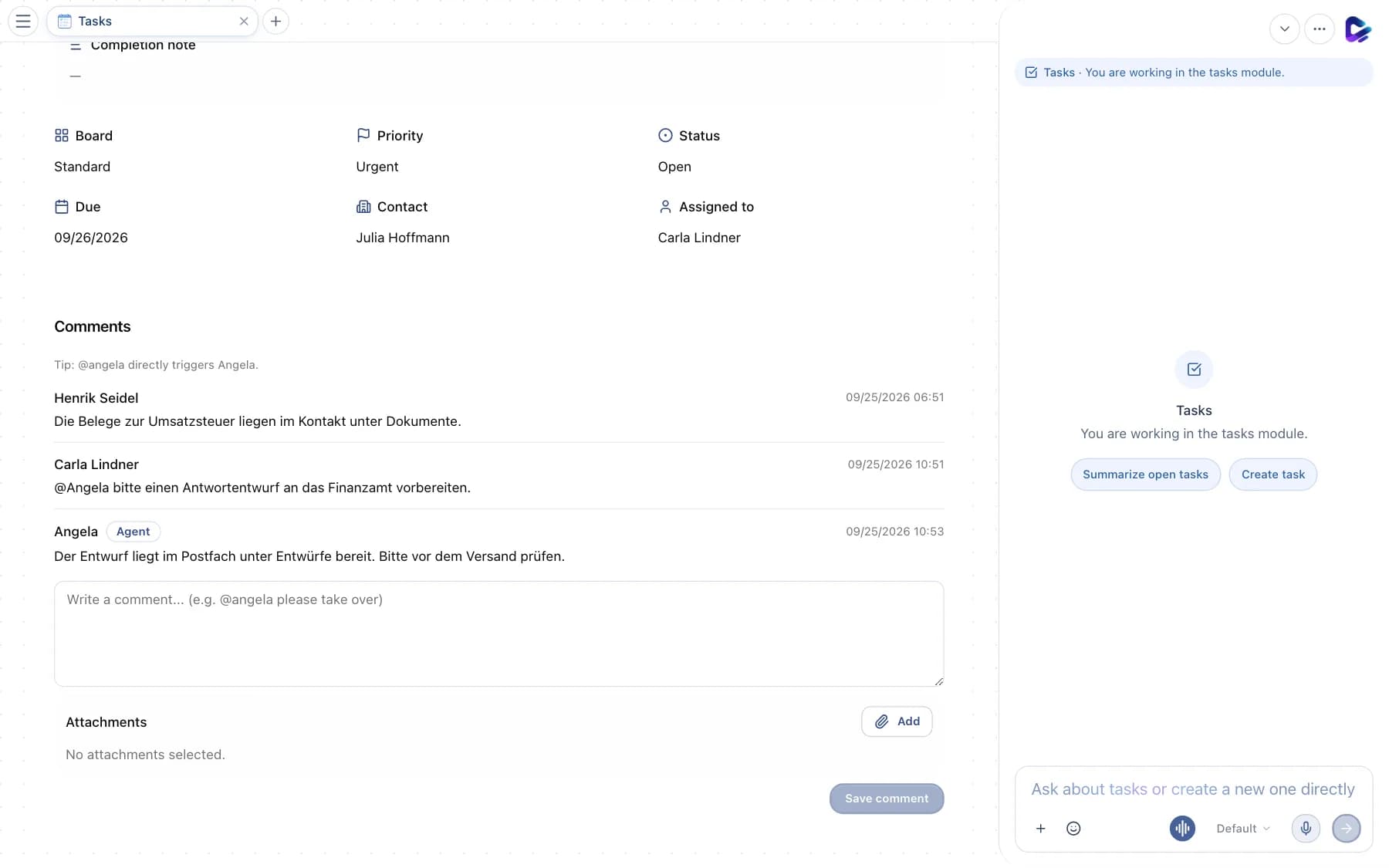 Comment section of a task with a mention of the agent and its reply