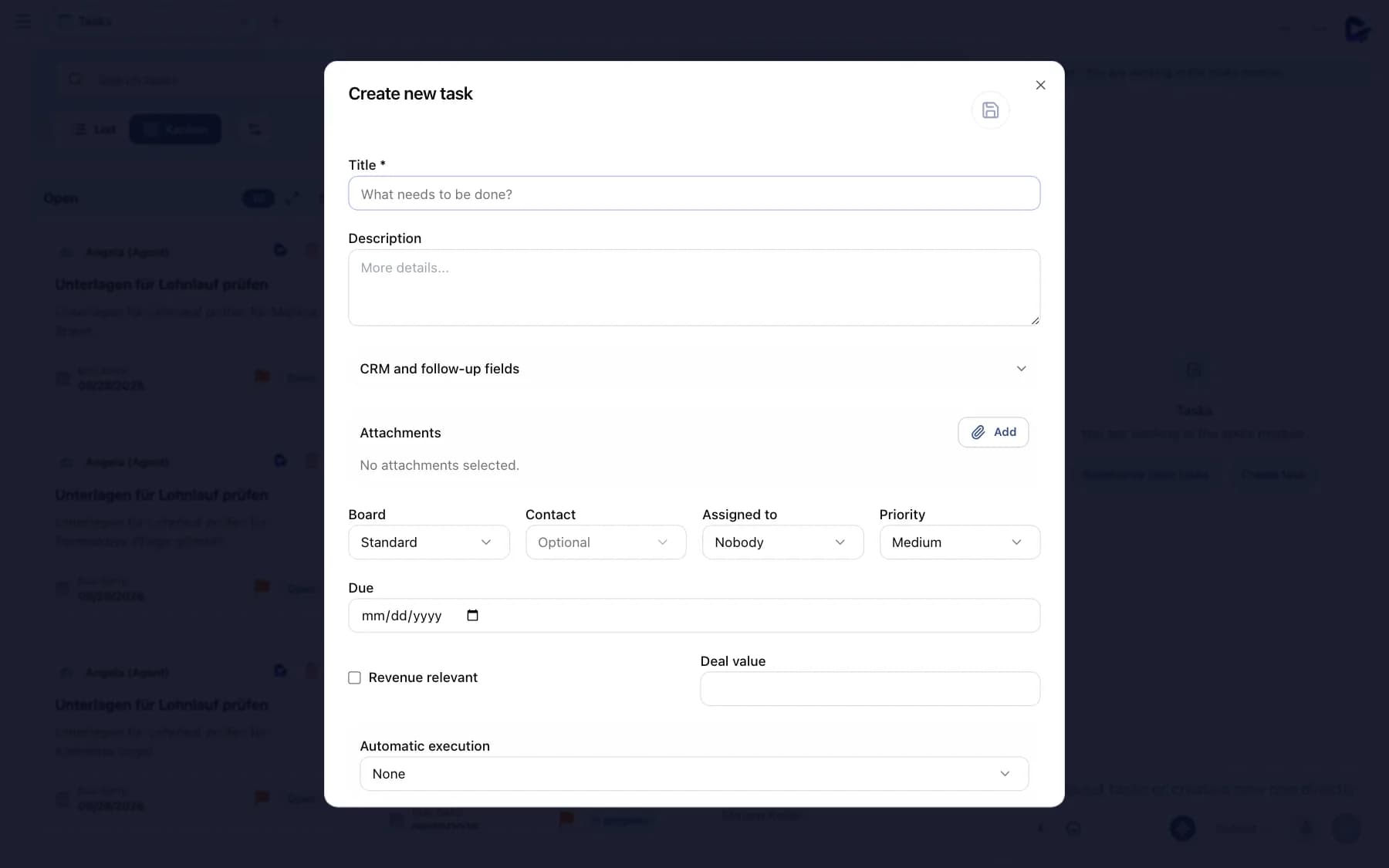 Create new task dialog with title, attachments, board, assignee and deadline