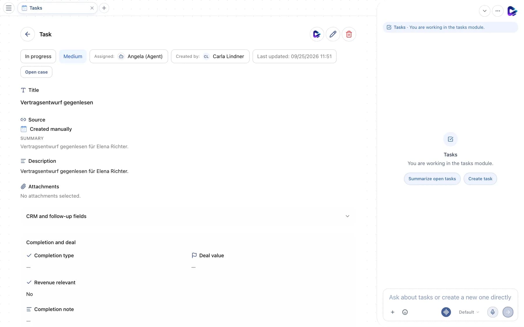 Task detail view with status, assignee, source and actions