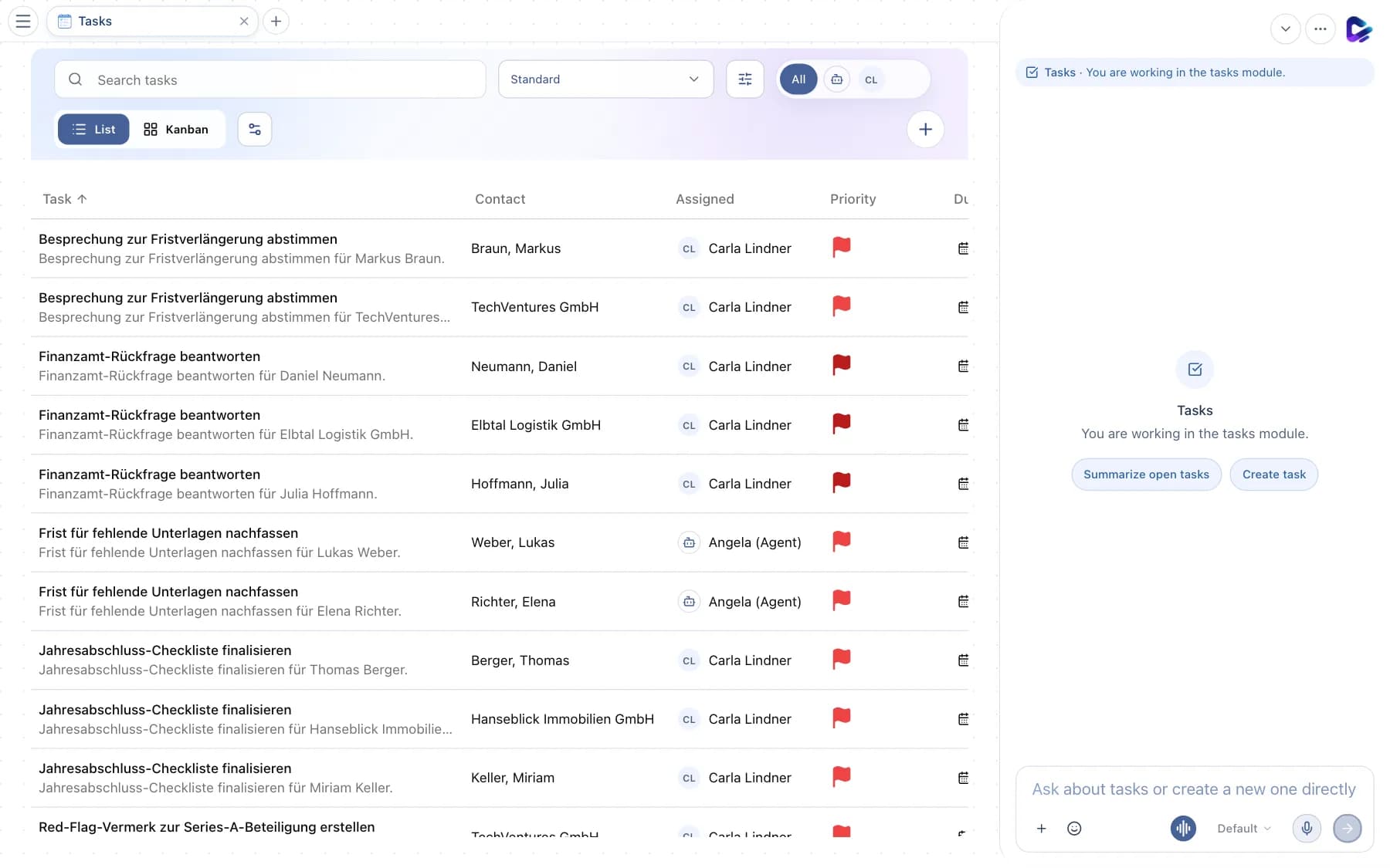 Tasks in the list view with sortable columns