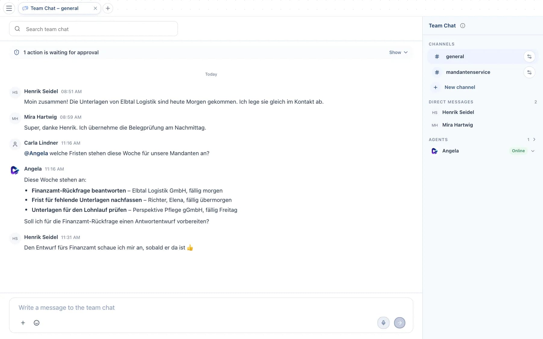 Team Chat with message history, agent reply and channel list