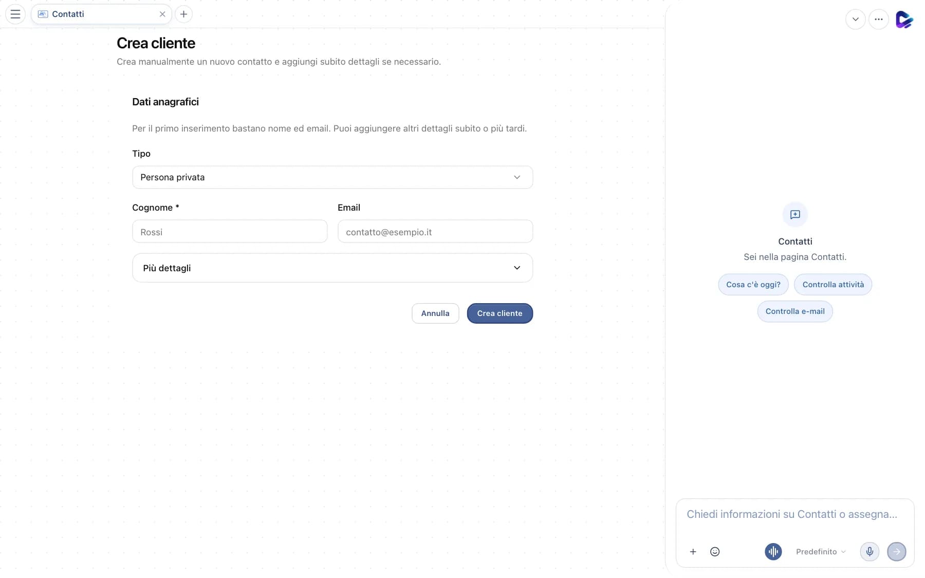 Modulo Crea cliente con tipo, nome ed email