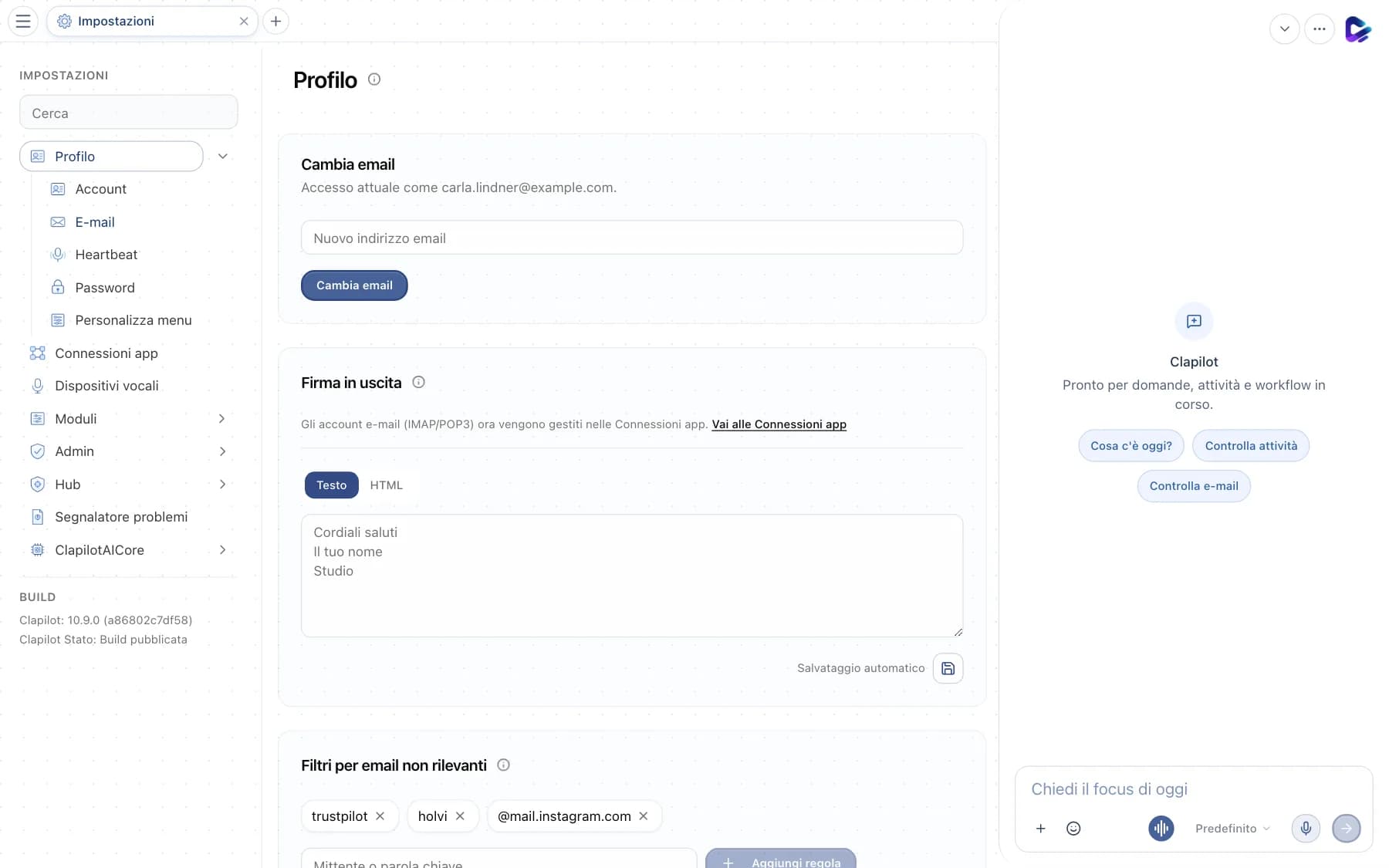 Impostazioni e-mail con email di login, firma e filtri
