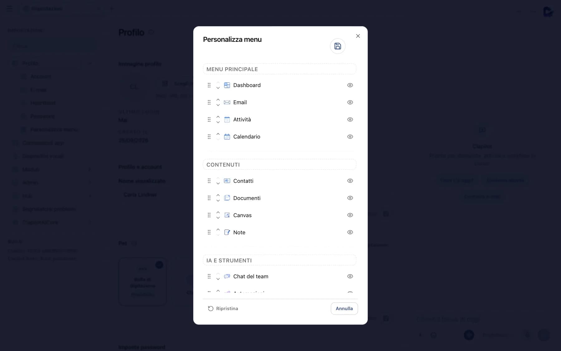 Finestra Personalizza menu con sezioni e voci