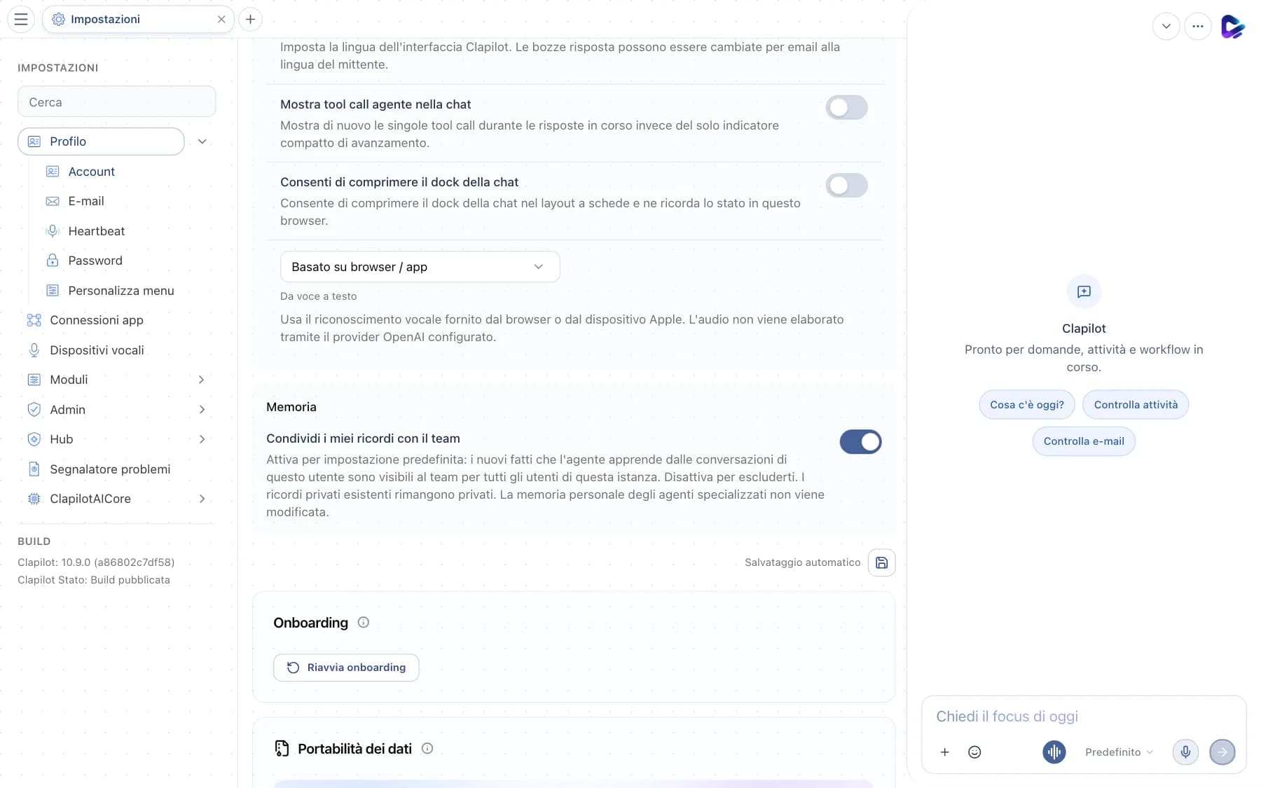 Impostazioni dell'account con lingua, tool call nella chat e dock della chat comprimibile