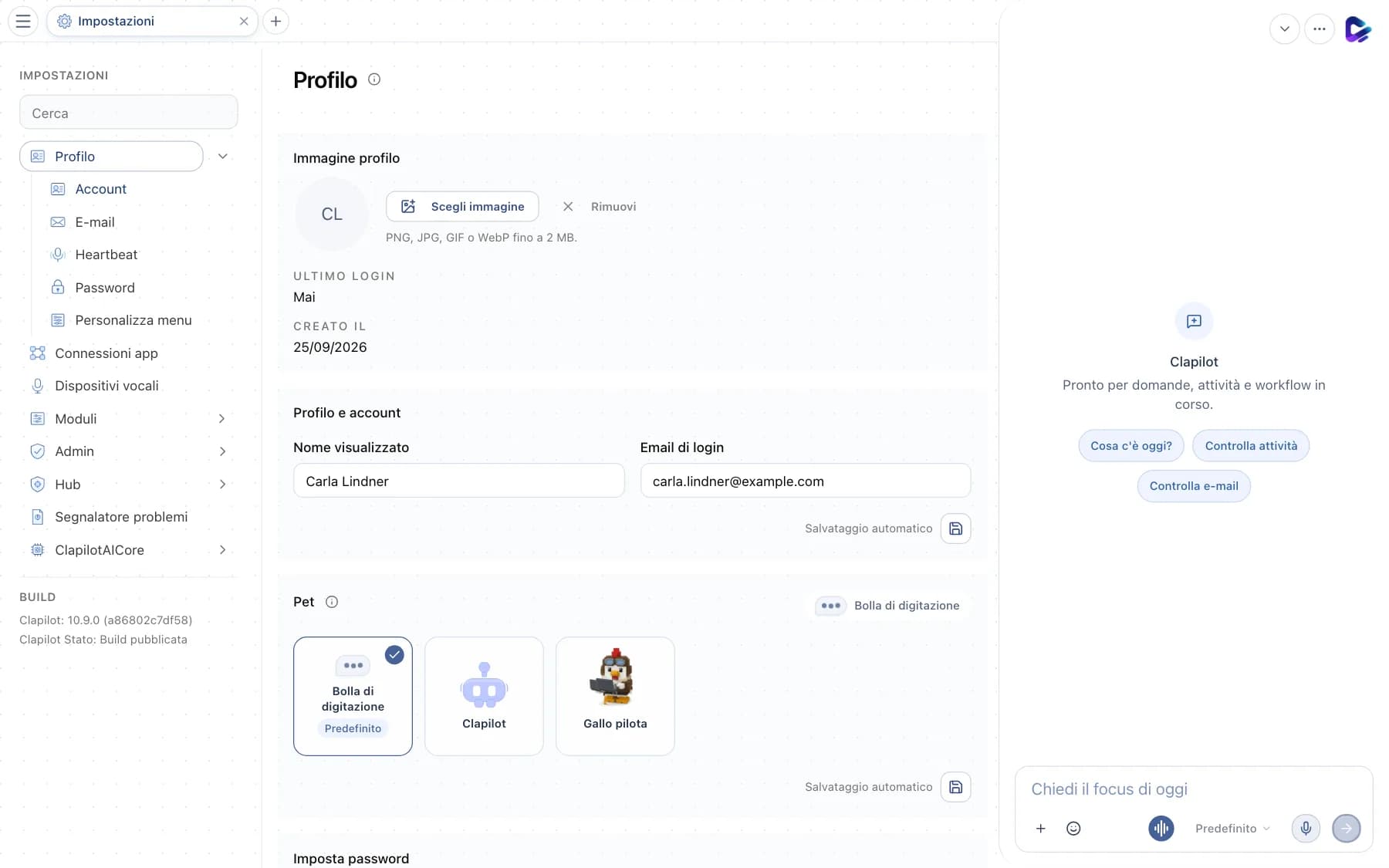 Impostazioni con ricerca e navigazione: Profilo, Connessioni app, Admin