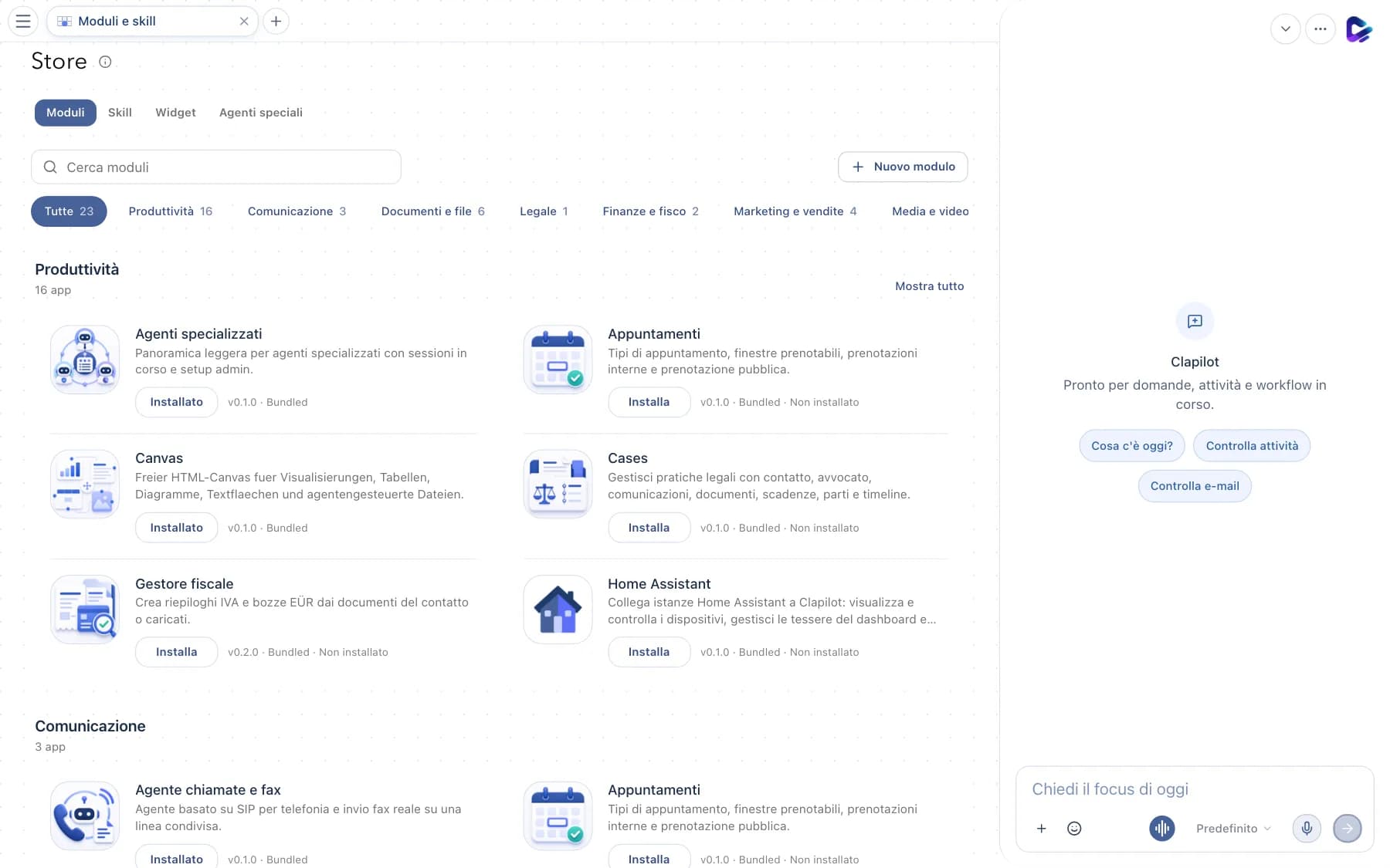 Store con schede, ricerca, categorie e schede dei moduli
