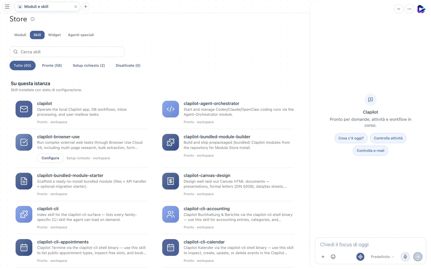 Scheda Skill con filtro di stato e skill installate